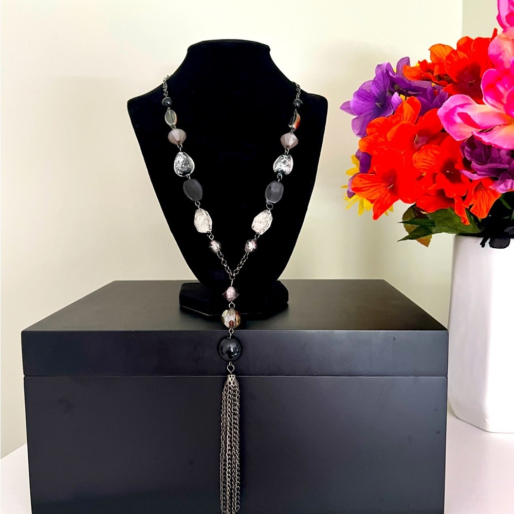 Elegant Black, Silver and Gunmetal Beaded Tassel Necklace - Picture 1 of 5